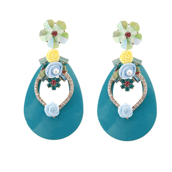 Aqua Teardrop Earrings with Rhinestone and Flower Detail