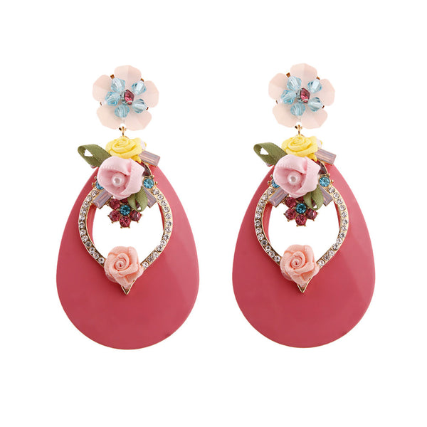 Pink Teardrop Earrings with Rhinestone and Flower Detail