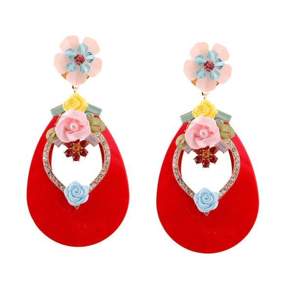 Red Teardrop Earrings with Rhinestone and Flower Detail