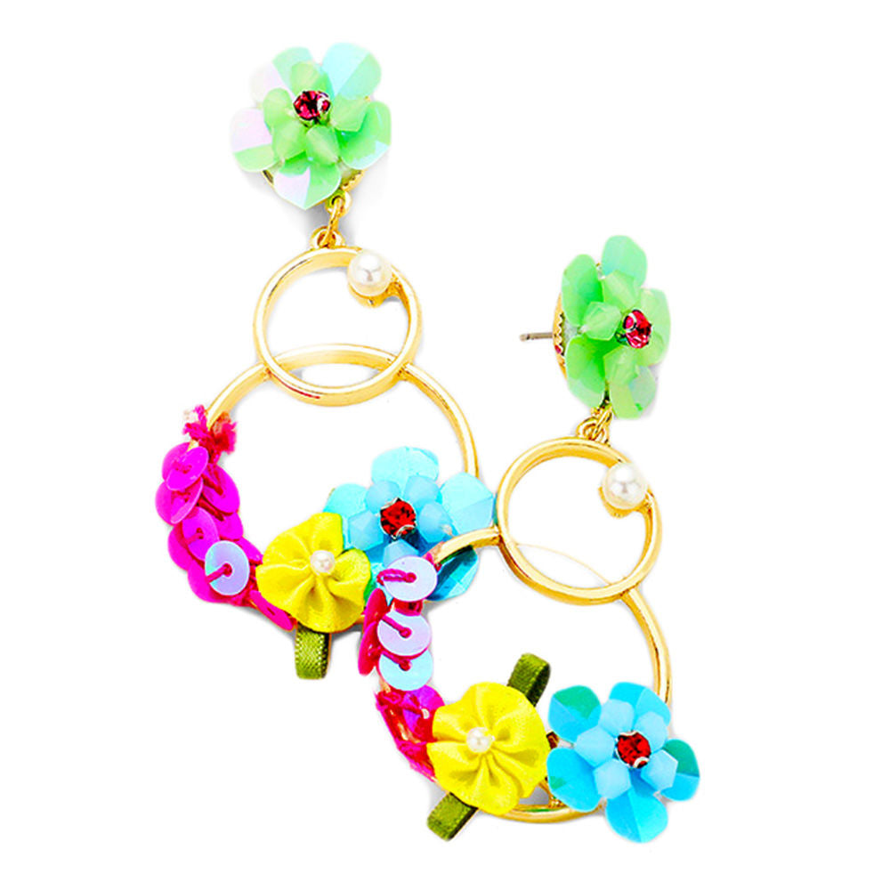 Multi Color Flower Double Drop Hoop Earrings
