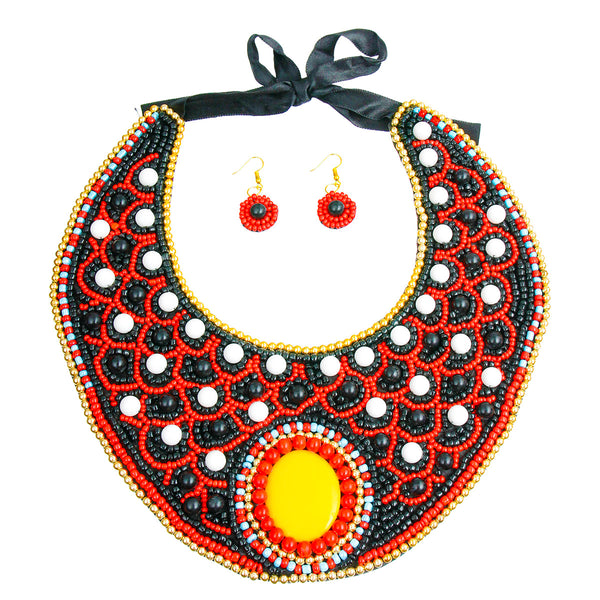 Multi Color with Black and White Bead Embroidered Bib Necklace Set