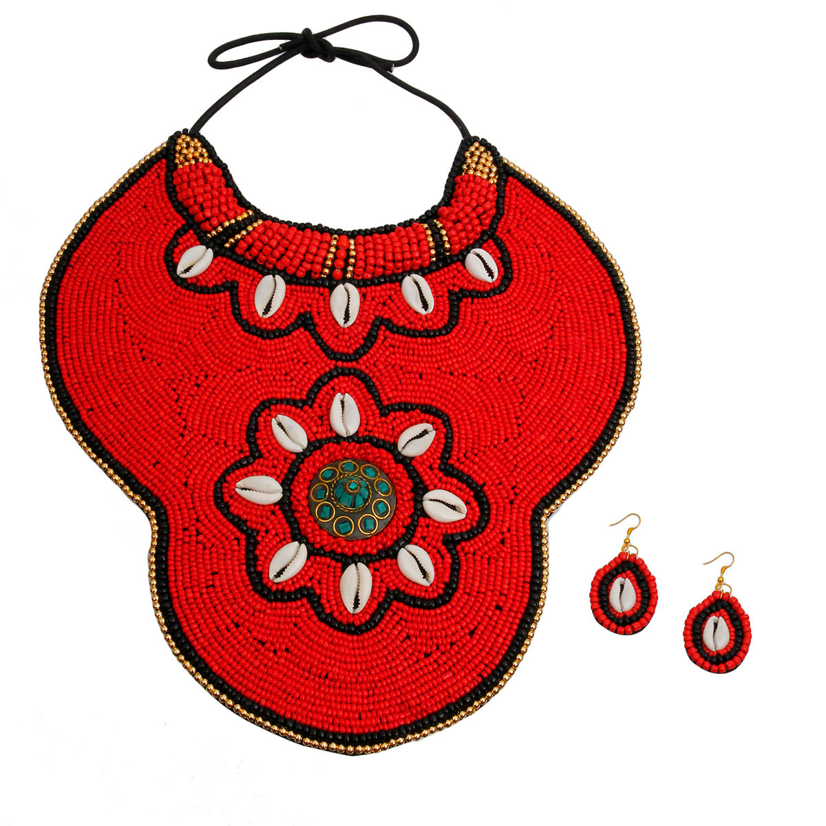 Red Beaded Collar Large Bib Necklace Set.Cowrie Shell and Turquoise Mosaic