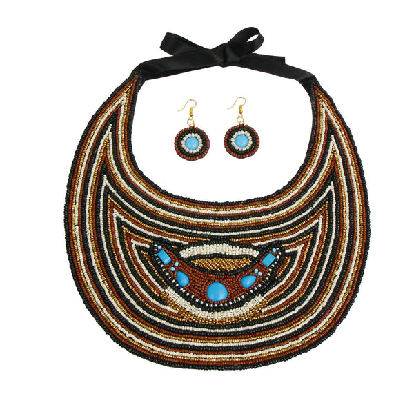 Brown, Black, and Cream Beaded Bib Necklace Set Featuring Light Blue Detail